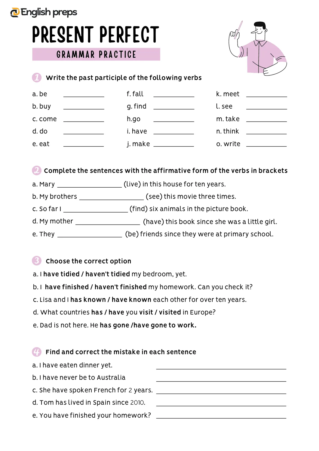 practice worksheet of present perfect tense