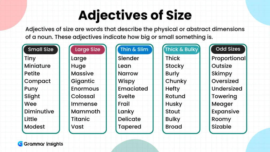 list of 50 Adjectives of Size