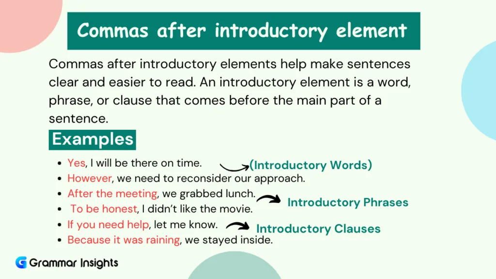 Commas After Introductory Elements: Rules and Examples